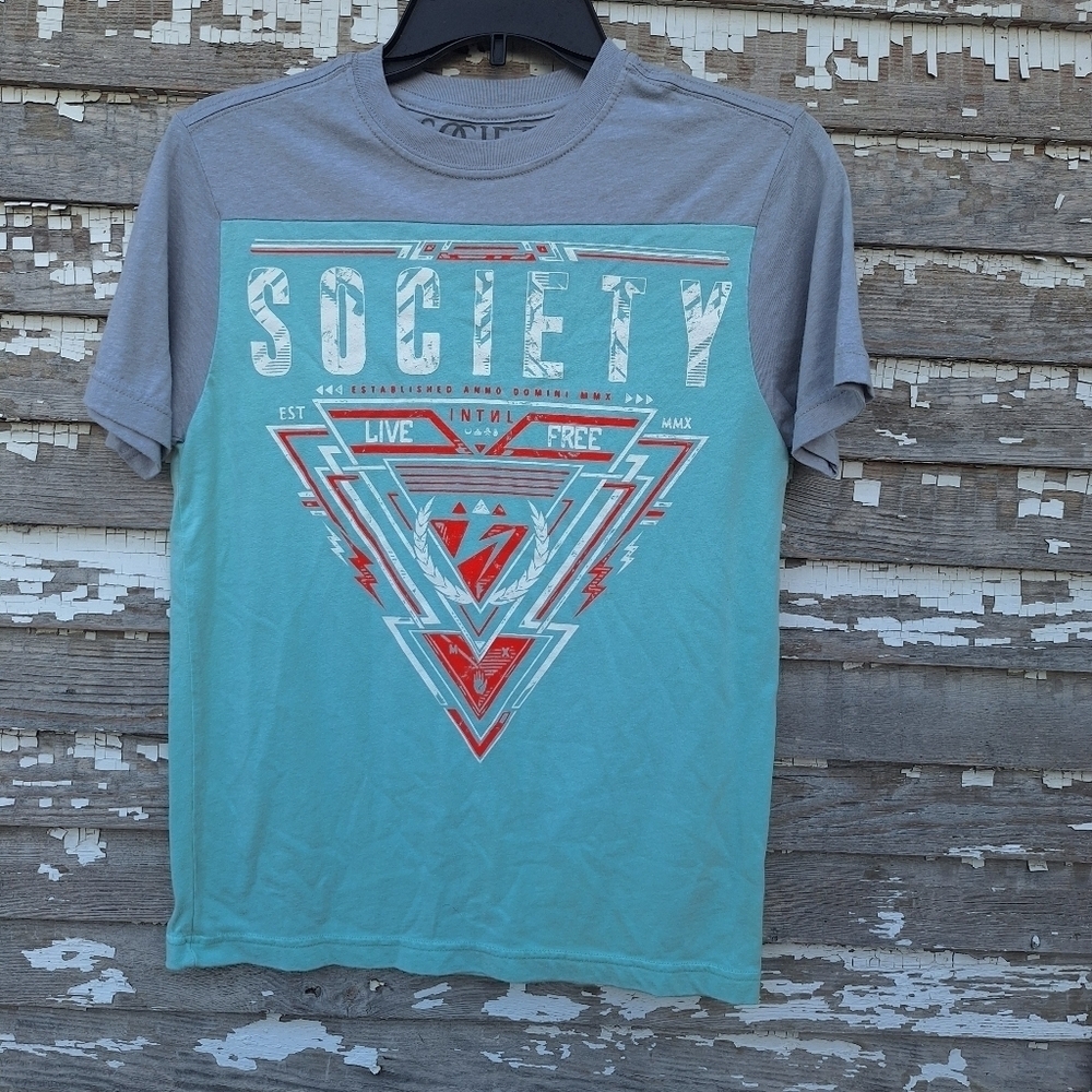 🌟 Society Gray and Blue Short Sleeve Tee with Graphic Design Size XS
